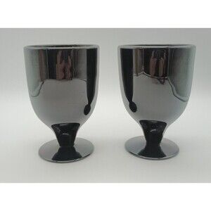 Vtg Black Glass Wine Goblets Water Set Of 2